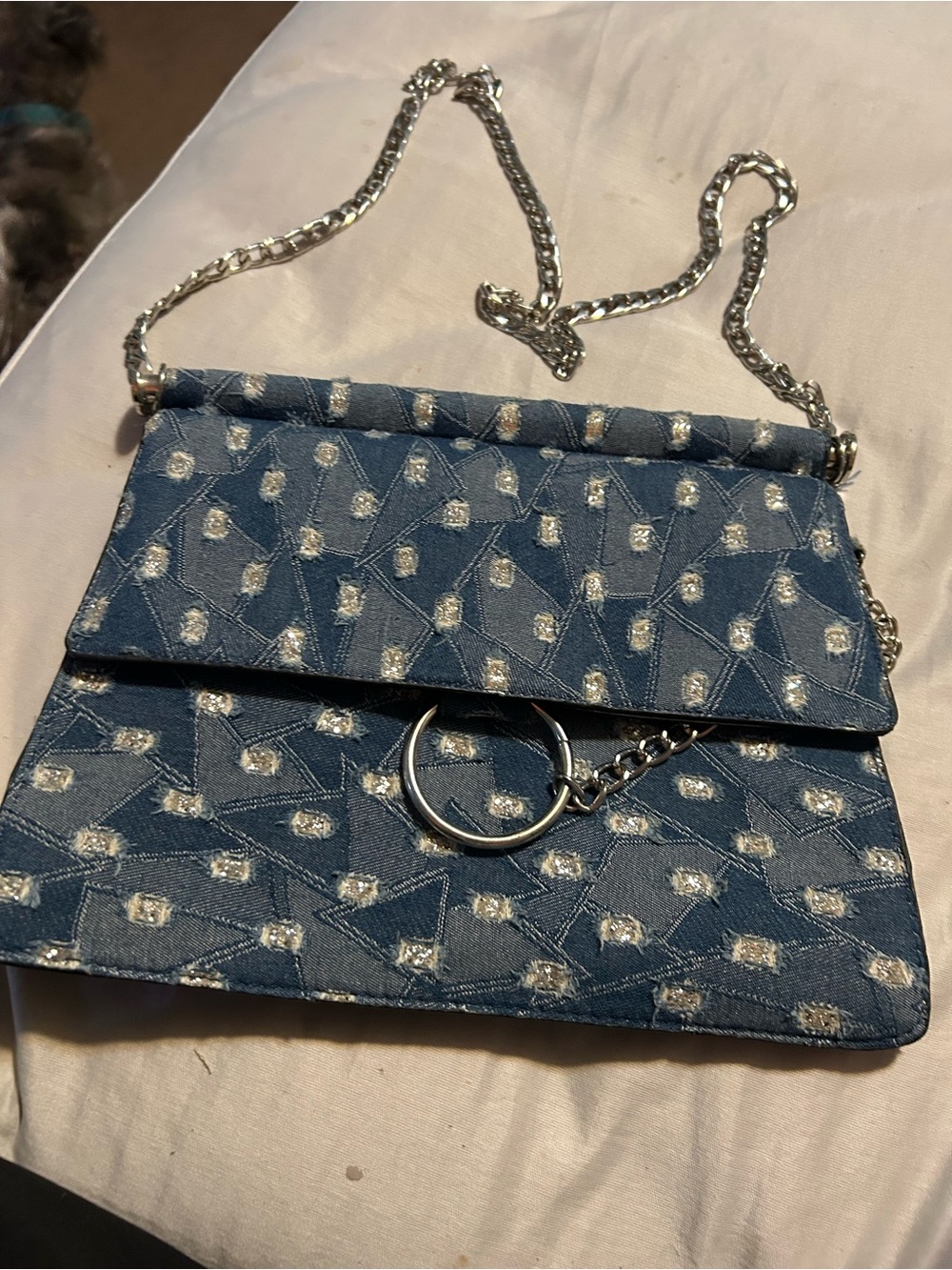 Blue Quilted Chain Shoulder Bag with Silver Ring Accent